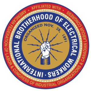 Circular emblem of the international brotherhood of electrical workers featuring a central clasped hands graphic, surrounded by text and resources, dated November 28, 1891.