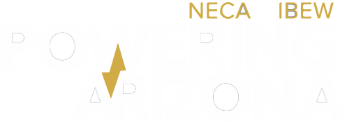 Logo designs featuring geometric shapes and the acronyms "neca" and "ibew" in gold lettering against a white background.