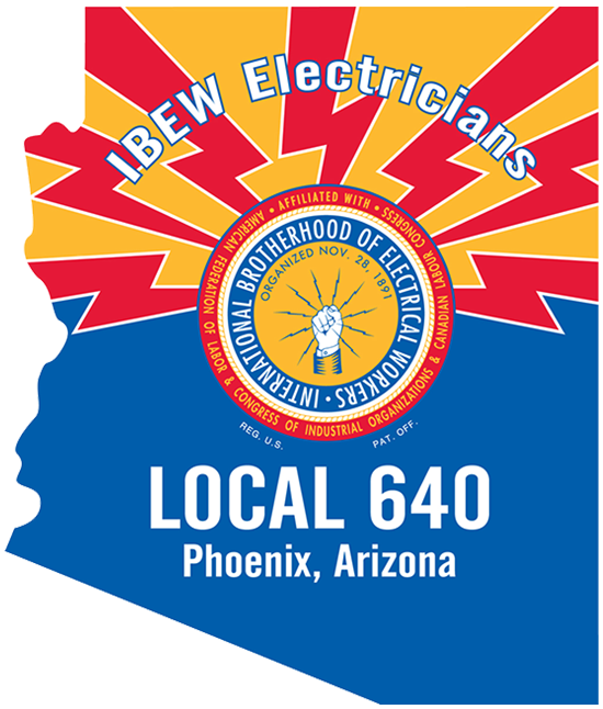 Logo of ibew electricians local 640, featuring a red and yellow sunburst with a central seal, text, and resources on a blue backdrop with Phoenix, Arizona highlighted.