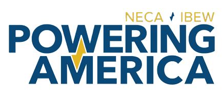 Logo of powering America, featuring bold blue text and stylized electric resources, with "neca/ibew" text above in a digital font.