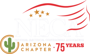 Logo of the national electrical contractors association (neca) with stylized white text over an abstract multicolored background, symbolizing diverse resources.