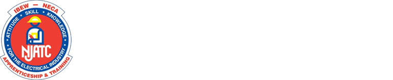 Logo of njatc with "blended learning" text and resources, featuring a light bulb with a gear, and the ibew and neca seals on either end.