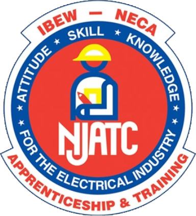 Logo of the njatc for the electrical industry featuring red and blue rings, texts, and a central stylized graphic symbolizing resources, skill, and knowledge.