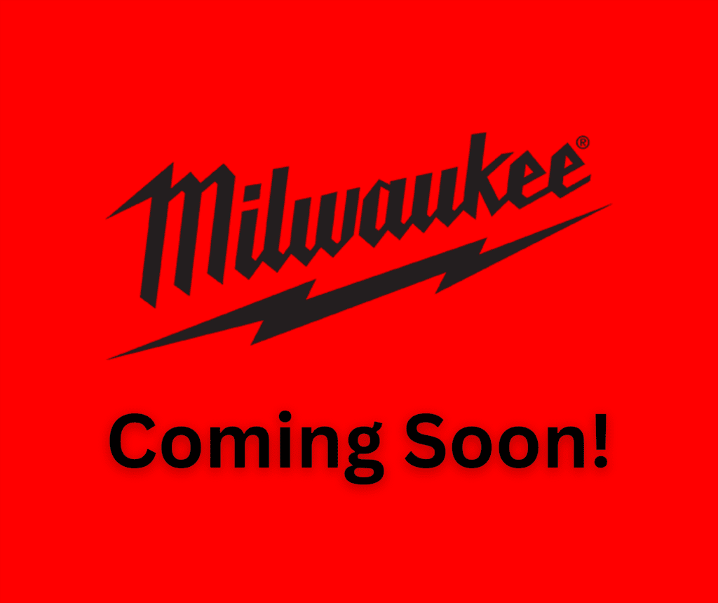 Red background with the Milwaukee logo in white featuring a black stroke and the words "coming home soon!" below it.