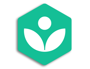 Logo depicting a stylized white figure with outstretched arms inside a green hexagon, surrounded by two white leaf shapes and interconnecting links.