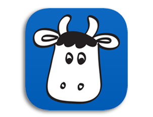 A cartoon icon featuring a simple, smiling cow's face with large eyes and ears, outlined in white and black, set against a blue square background with subtle links pattern.