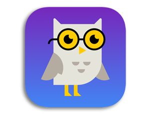 Cartoon owl with yellow glasses, standing inside a purple square frame with links.