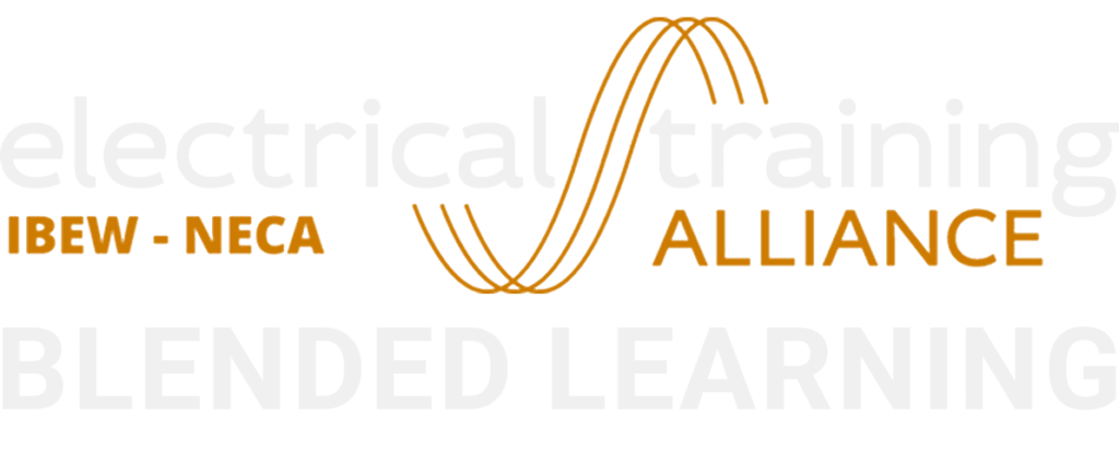 Logo of ibew-neca alliance with a stylized electrical cord graphic, featuring the words "blended learning links" in bold text below.