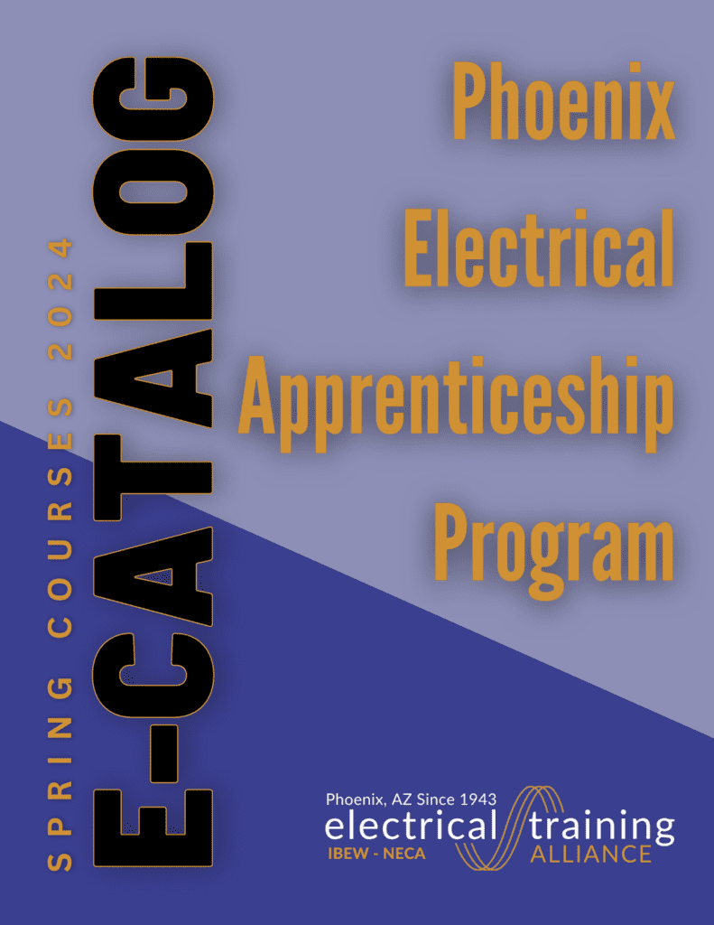 Promotional poster for phoenix electrical apprenticeship program, spring classes 2024, featuring bold text and a blue-orange gradient background.